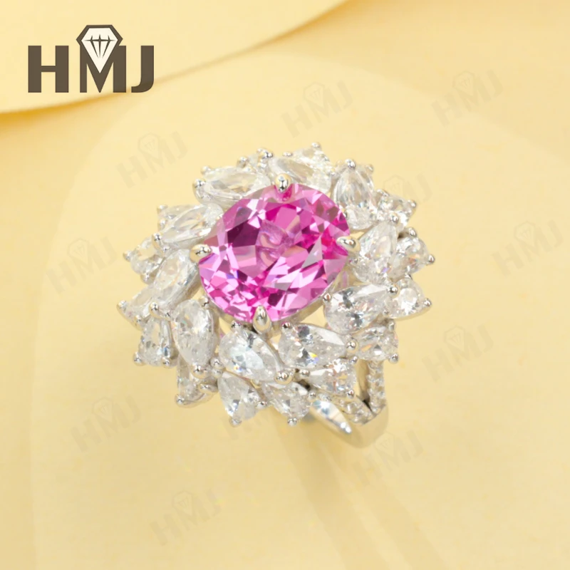

Flowery Ring with 5CT Egg-shaped Lab Grown Sapphire Padparadscha 925 Silver Circle for Engagement Christmas Party Jewely Gift