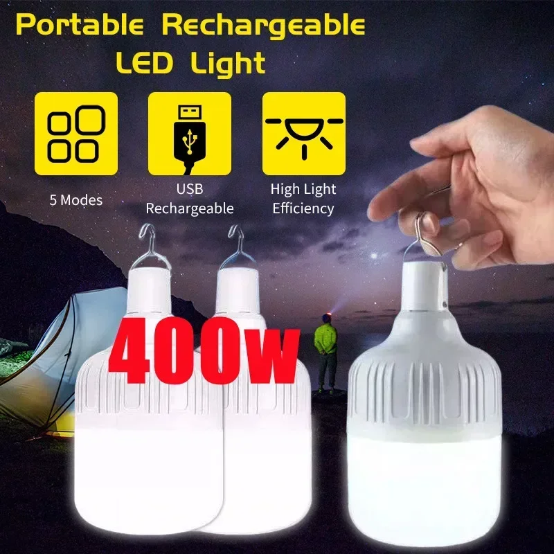 

500W Camping Light USB Rechargeable LED Bulb Hanging Tent Light Portable Emergency Bulb 5 Lighting Modes for Garden Outdoor