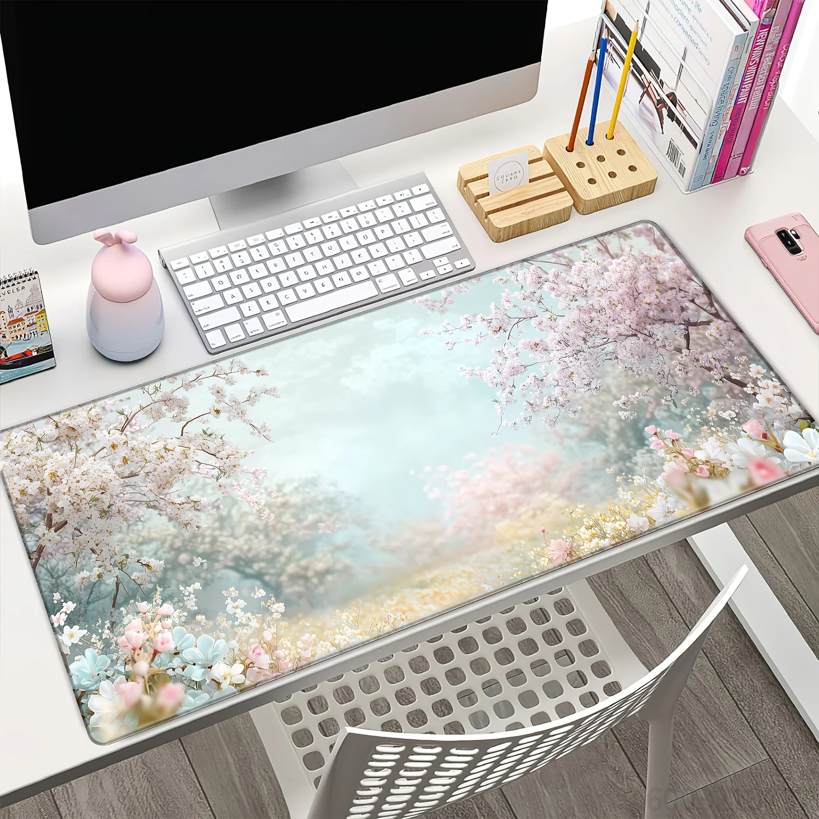 Pastel Desk Pad Checkerboard Sakura Cloud Rainbow Quote Pattern Mousepad Non‑Slip Rubber Base Keyboard Mat for Desktop Decor