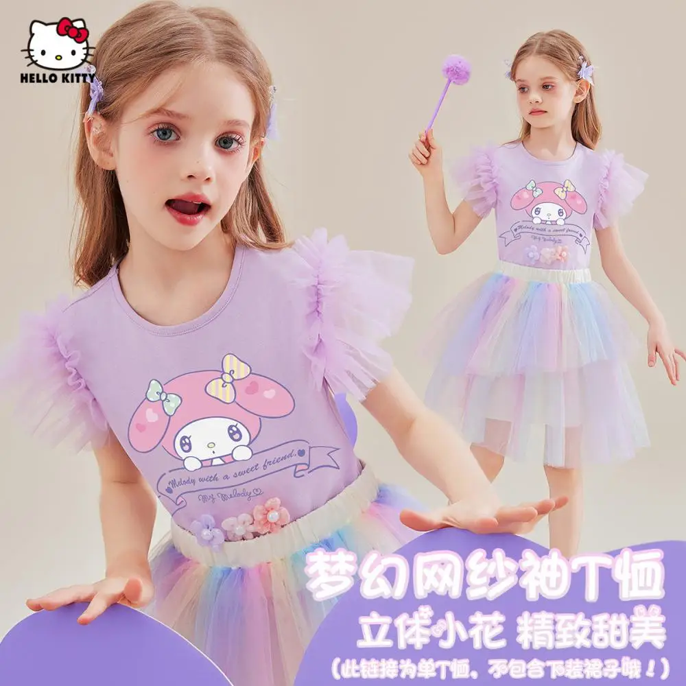 

Футболка Sanrio для девочек My Melody, летняя новая кружевная куртка с короткими рукавами и рисунком, милая короткая футболка с милым принтом, детская одежда