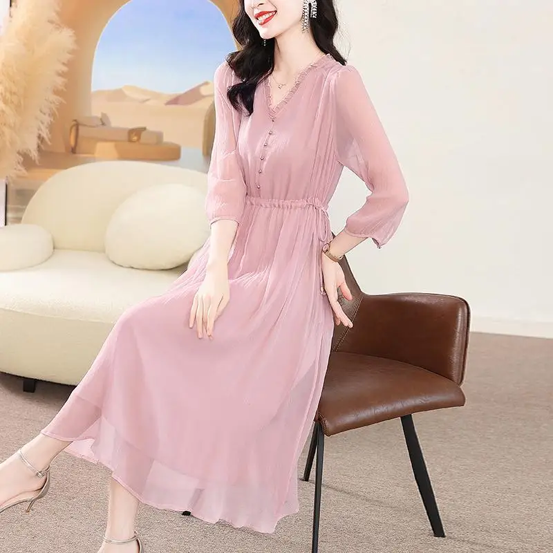 

Summer Solid Color Fashion Midi Dress Women V-neck Three Quarter Button Patchwork Dresses Elegant Edible Tree Fungus Vestidos