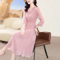 Summer Solid Color Fashion Midi Dress Women V-neck Three Quarter Button Patchwork Dresses Elegant Edible Tree Fungus Vestidos