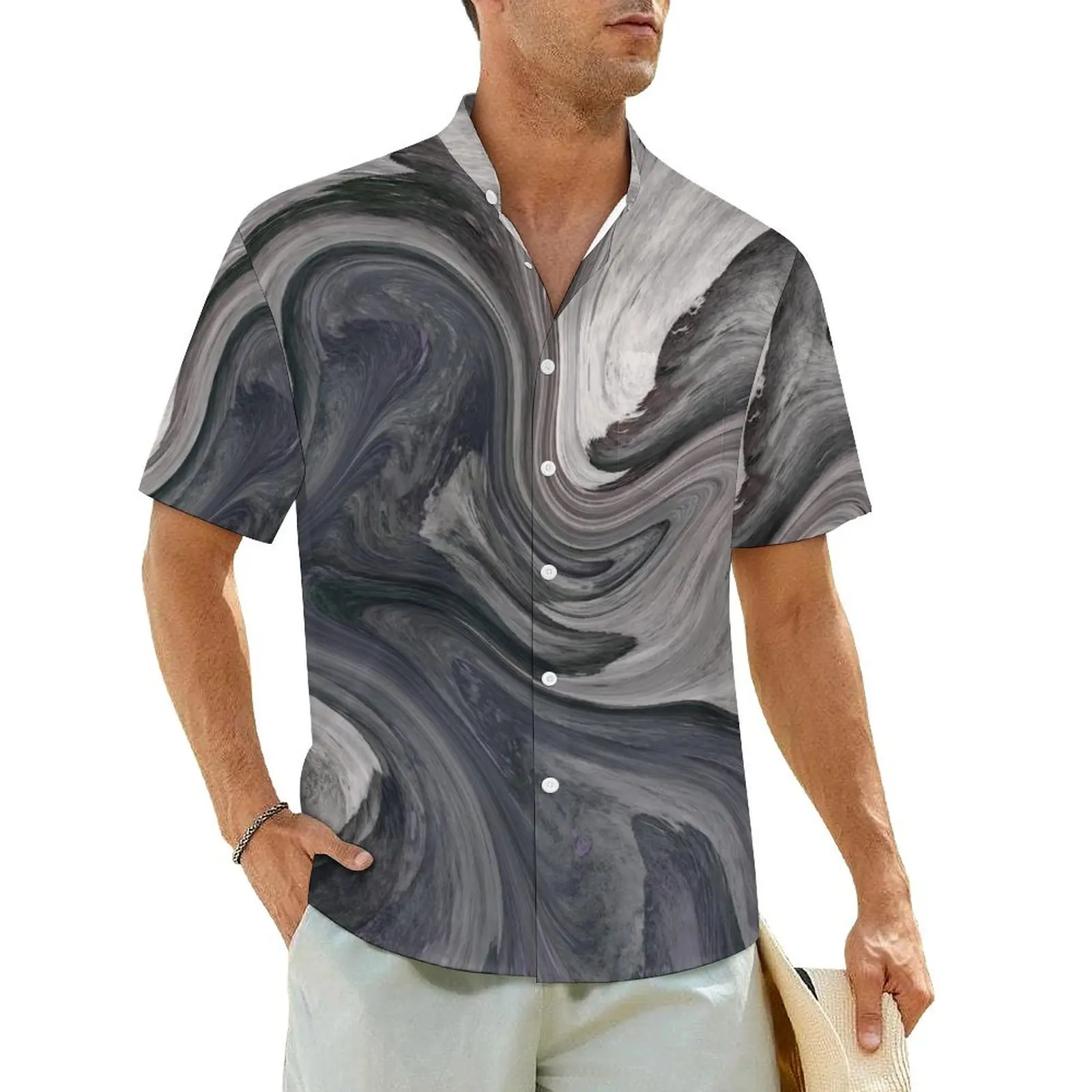 Gray Brush Casual Shirt Abstract Fluid Paint Elegant Hawaiian Shirts Men Short Sleeve Vacation Harajuku Design Oversized Blouses