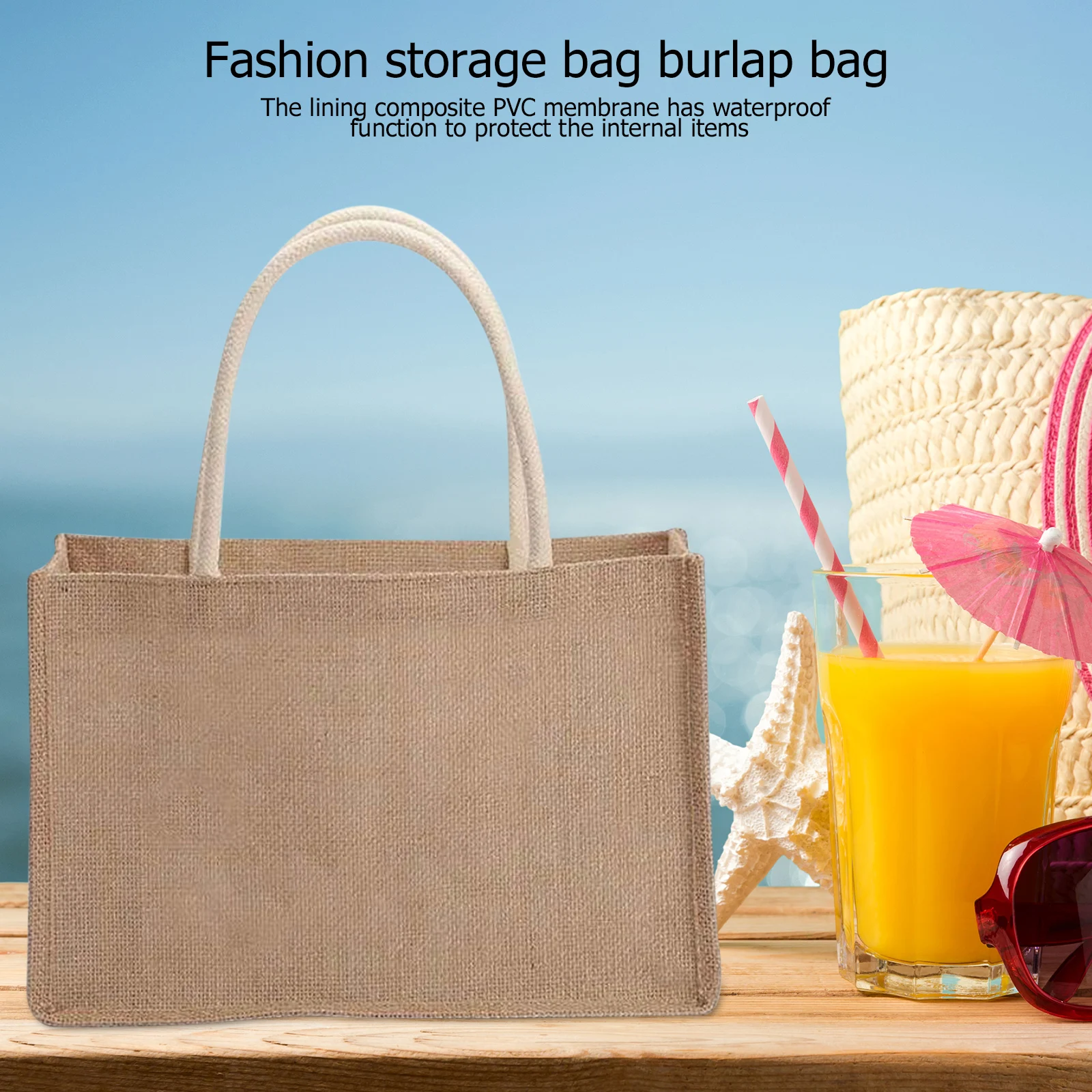 Creative Jute Beach Tote Bags for Women Pure Color Handle Reusable for Grocery Shopping Gift Packaging Top-Handle Bag
