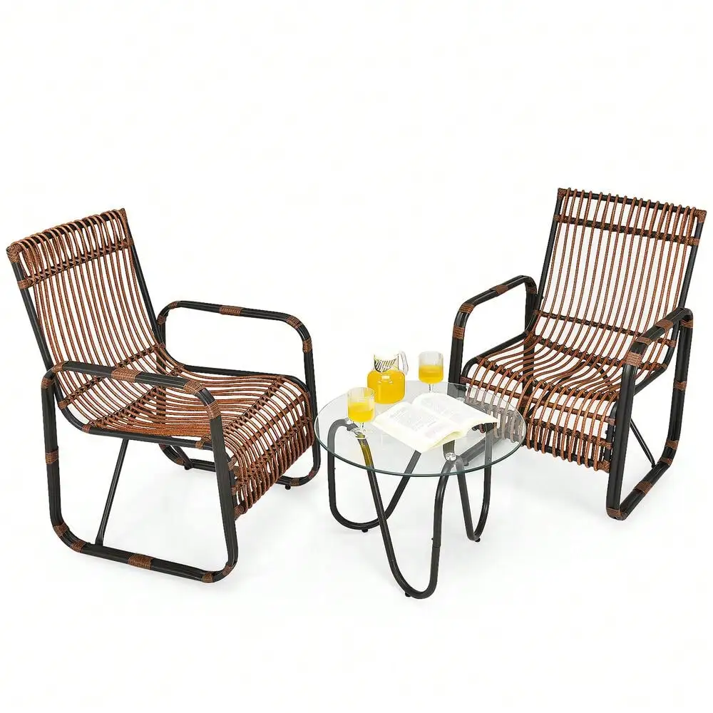

3PCS Rattan Patio Conversation Set Bistro Furniture Set w/ Glass Table