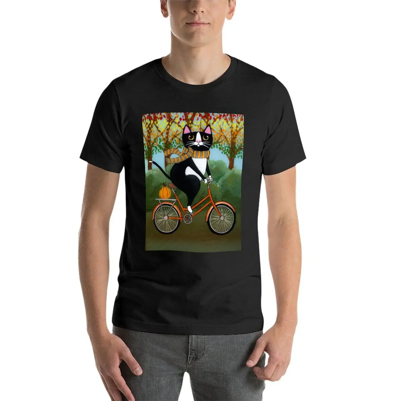 Herbstliches Katzen-T-Shirt auf einem Fahrrad, Sommer-Tops, Jungen-T-Shirts mit Animal-Print, schwere T-Shirts für Männer