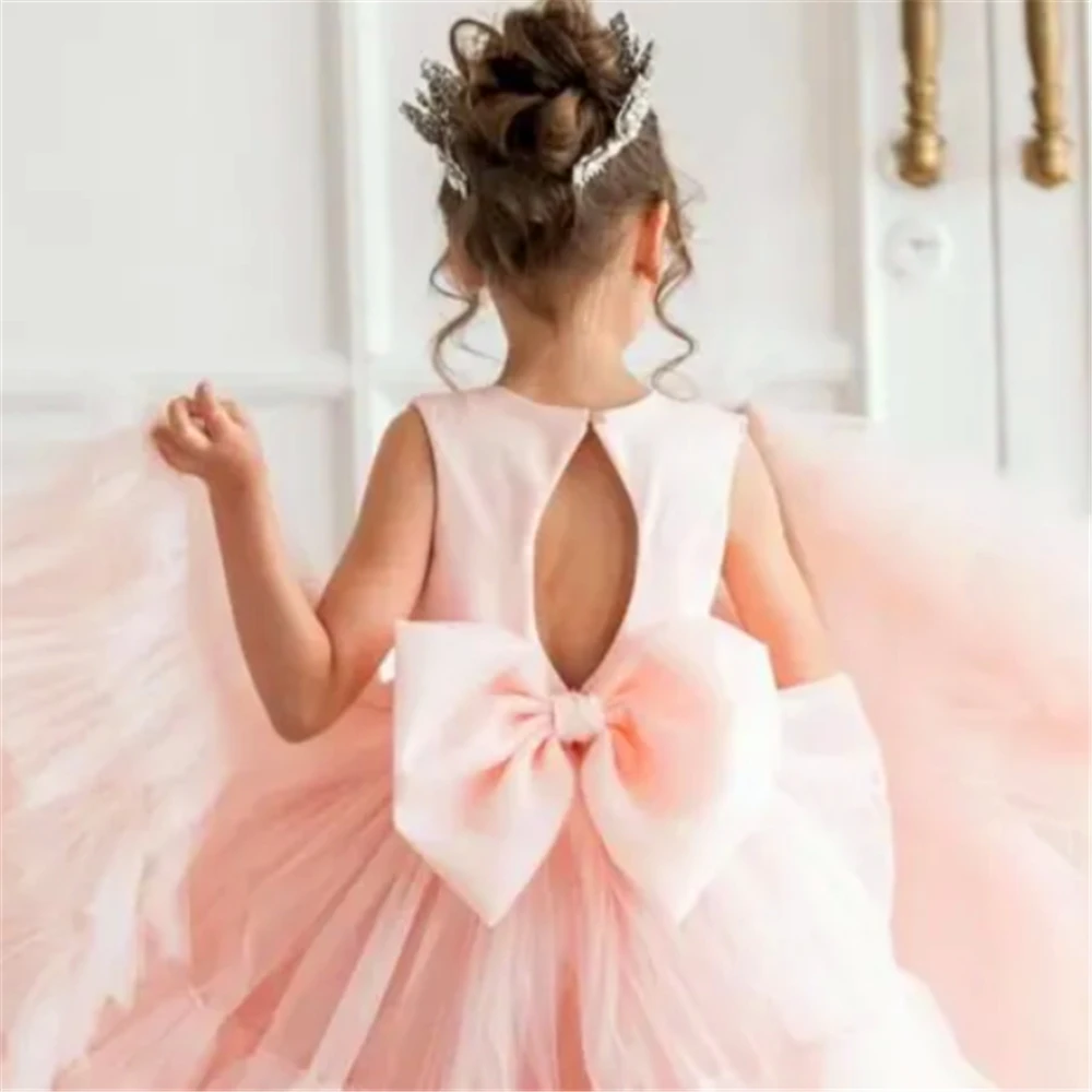 Flower Girl Dress Princess Ball Pink Angel Sleeveless Tulle Lace Layered First Communion Dresses Kids Surprise Birthday Present