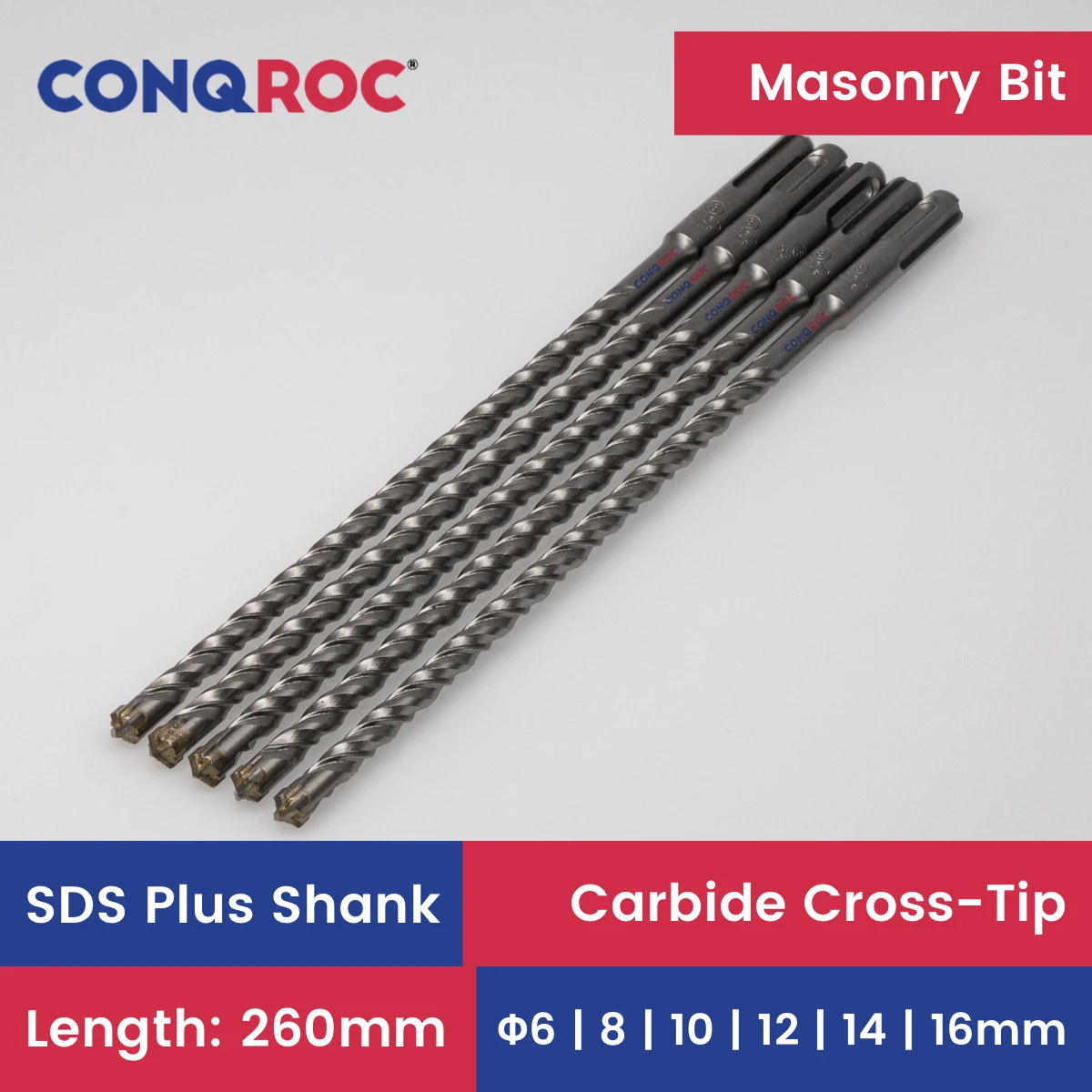 Masonry Drill Bits SDS Plus Shank Carbide-Cross-Tip Length-260mm 5-Piece-Same-Size 6-Option Diameter-6~16mm for Electric Hammer