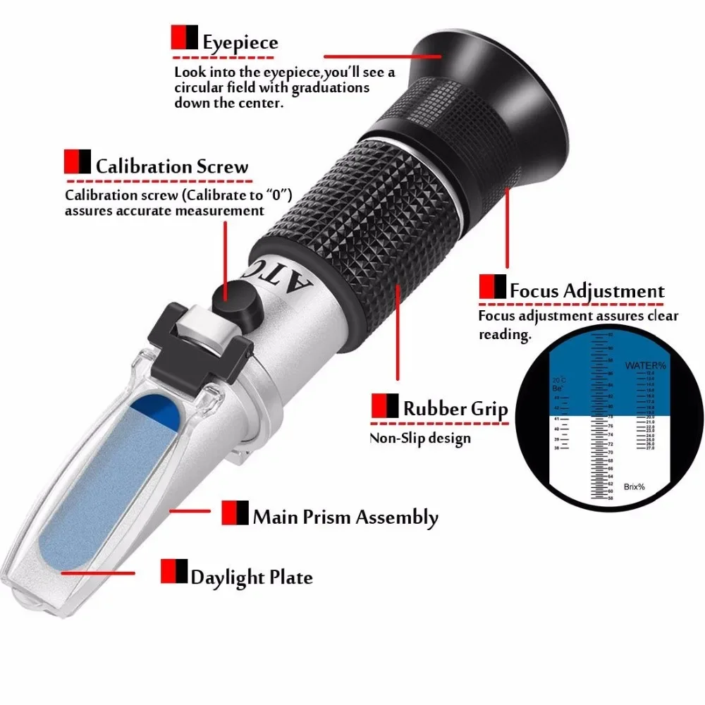 Newest Handheld refractometer Refraction Tools 58~90% Brix 38~43 Be Baume Honey Wine Water Contents (12 - 27%) Refractometer