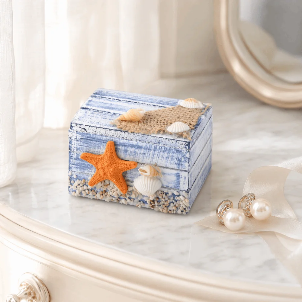 Portable Wooden Jewelry Box Small Storage Case Ocean Themed Wooden Storage Box Starfish Seashell Decor White Blue
