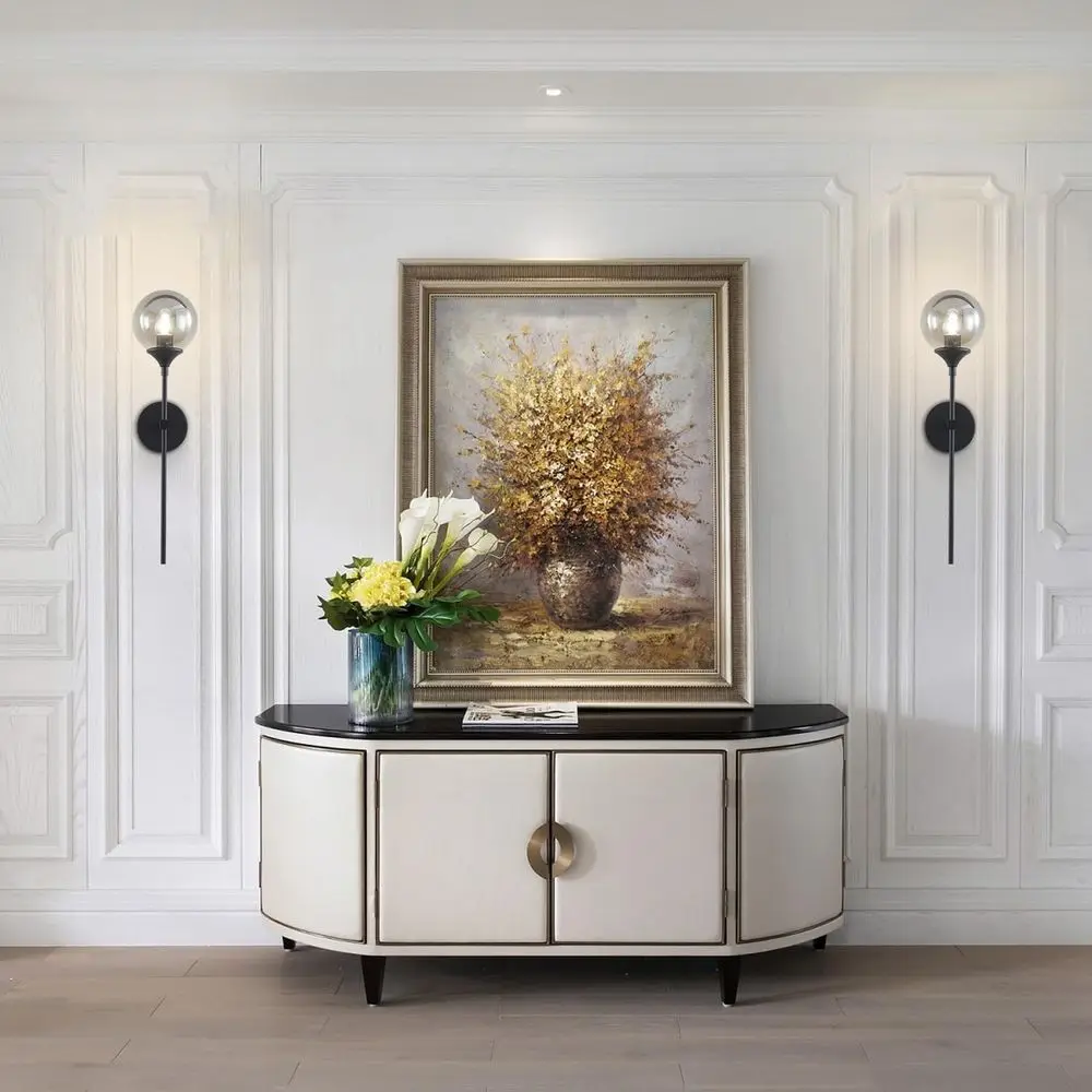 โคมไฟติดผนังสไตล์โมเดิร์นสีดำด้านแบบมิดเซ็นจูรี่ พร้อมกระจกสีเทาควันบุหรี่แบบวินเทจ สำหรับห้องน้ำหรือห้องนอน