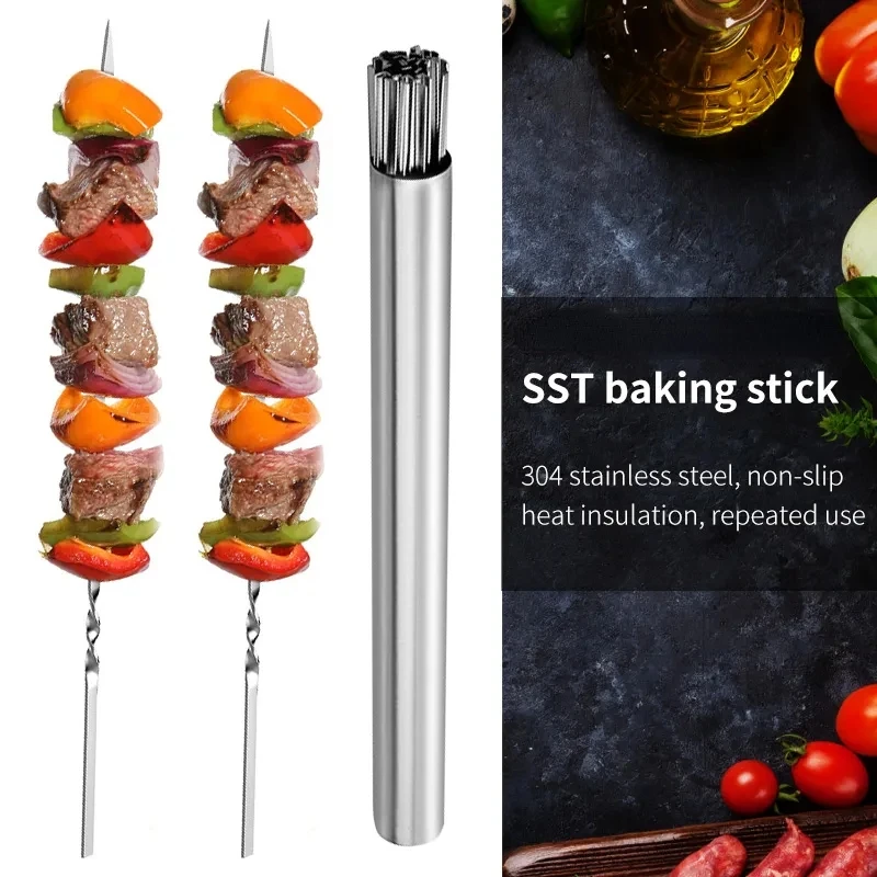 Stainless Steel Barbecue Skewer Storage Tube Reusable Grill Sticks Flat BBQ Fork BBQ Utensil Kitchen Outdoor Camping Accessories