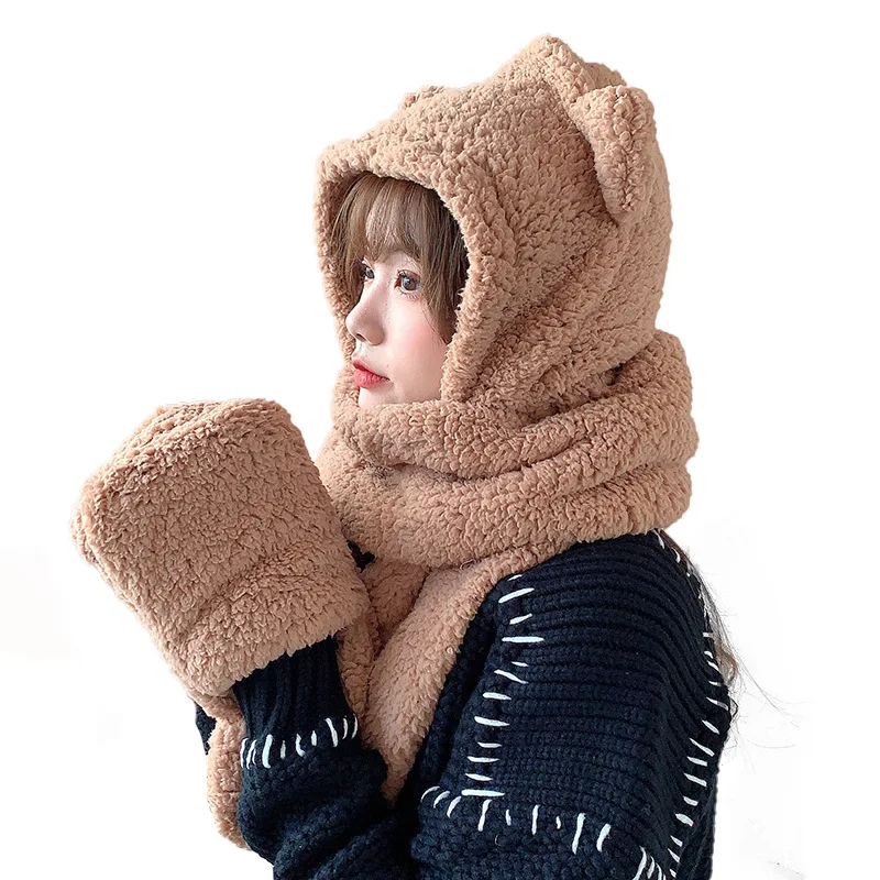 

New Cute Thin Bear Ear Hat Scarf Gloves Set Women Winter Novelty Caps Warm Plush Hats Casual Solid Fleece Girl Party Accessories