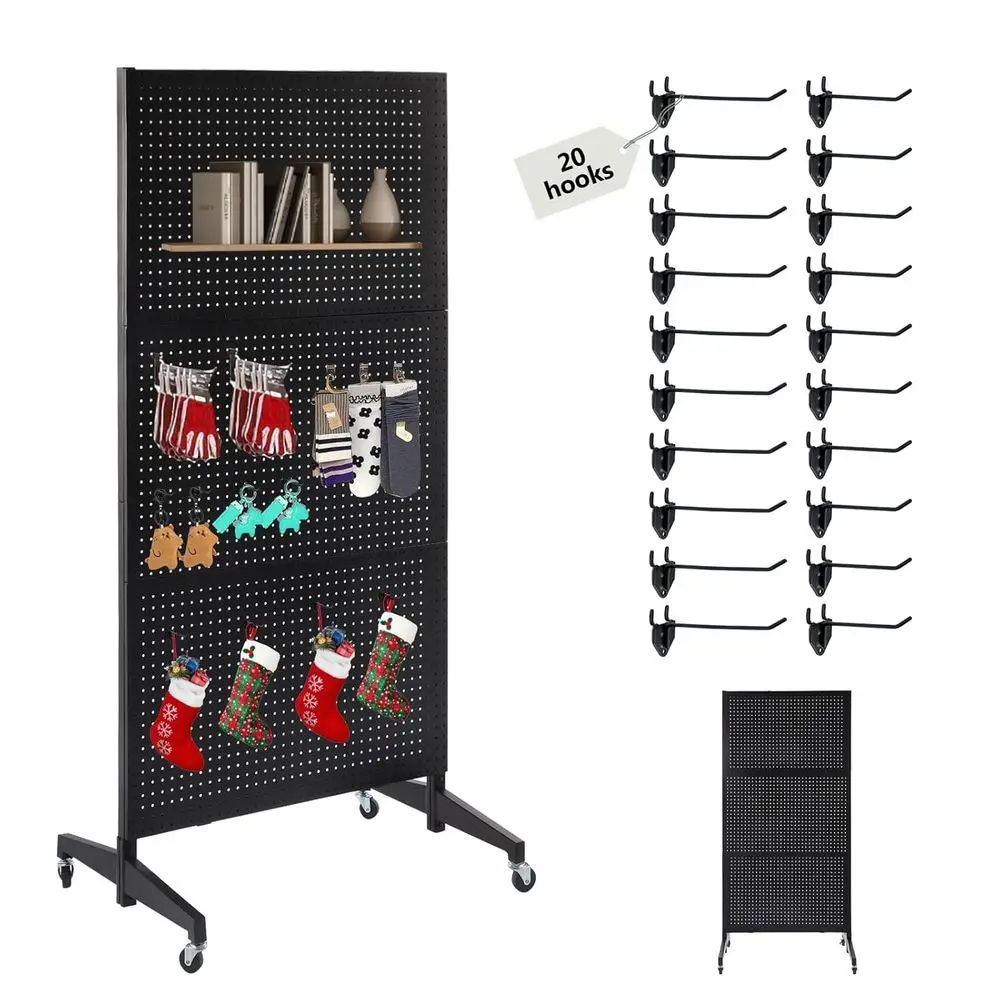 

x 6' Pegboard Display Stand with T-Base, Metal Peg Board Display Stand with Wheel, Standing Pegboard Display with 20 Pieces Hook