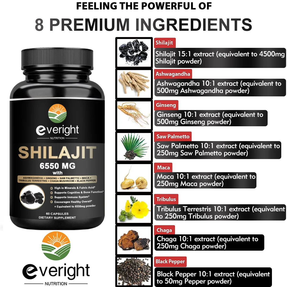 Shilajit-Capsules de résine de l'Himalaya, 6550mg, Combinée Ashwagandha, Ginseng, Scie Palmetto, Maca, TribContin, Chaga, Black Belle