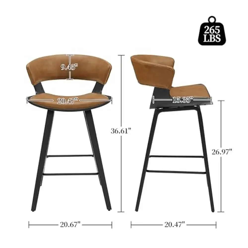 Modern Leather Bar Stools Set of 4 High Back Counter Height Chair Dining Home Island Kitchen Wood Frame Ergonomic Design Gentle