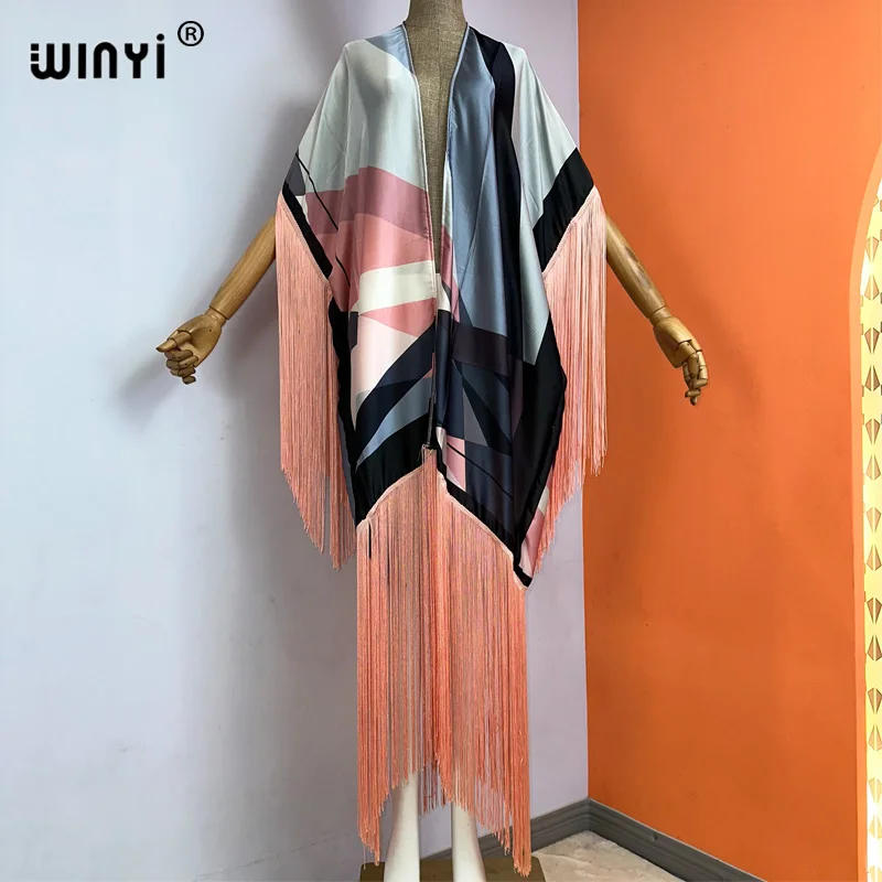 WINYI kimono cover-up nieuwe zomer boho print Bikini Cover-up Elegante mode Vest sexy Vakantie lange Mouw kwastjes maxi jurk