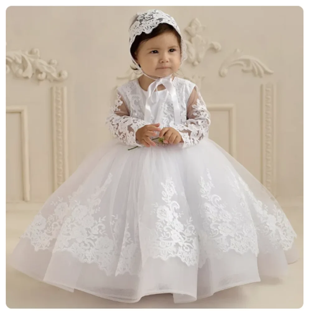 Abiti da ragazza di fiori in pizzo bianco Tulle manica intera gonfio per matrimoni bambini festa di compleanno spettacolo prima comunione abiti da ballo