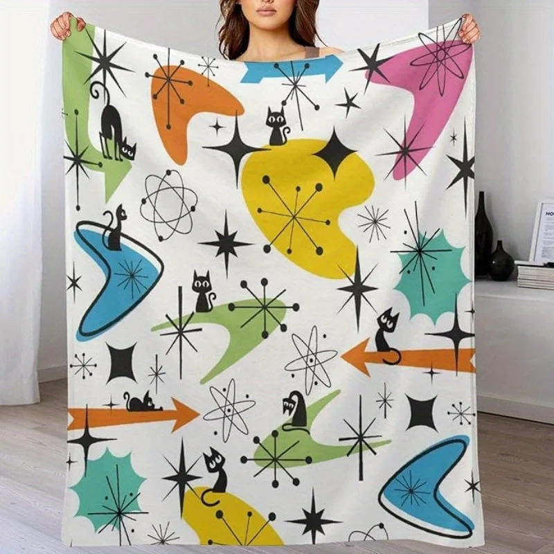 Abstract Art Throw Blanket - Colorful Geometric Atomic Star & Black Cat Design, Soft Flannel Perfect for Sofa & Bed Decor