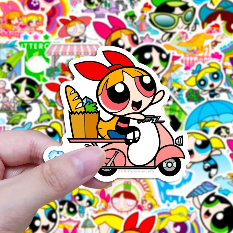 Powerpuff gadis stiker kartun 50 buah Diy stiker tahan air untuk telepon kulkas bagasi Anime gambar mainan stiker hadiah