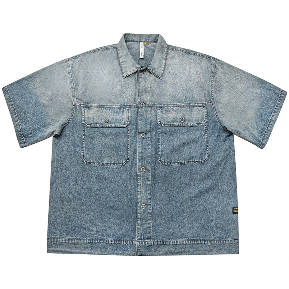 Oversized Mens Denim Shirts Streetwear Harajuku Washed Casual Jeans Blouse Men Vintage Japan Style Short Sleeve Shirts Unisex