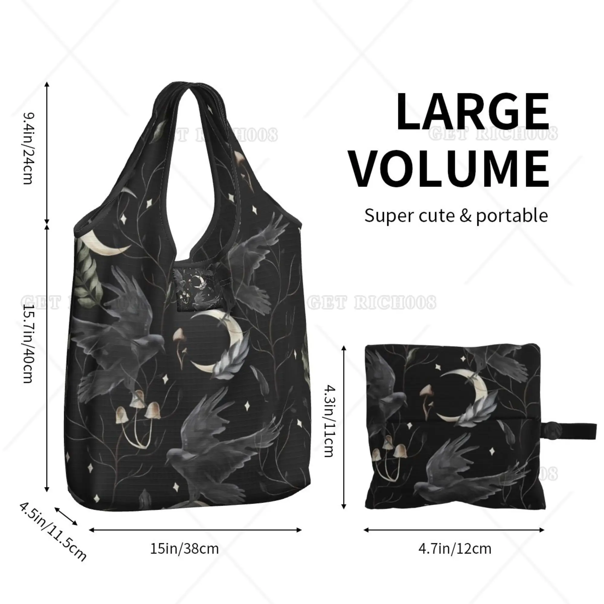 Gothic Crow Moon Black Shopping Bag Folding Tote Bag Grocery Bags Reusable for Outdoor Eco Bag Walking Bags for Women Men