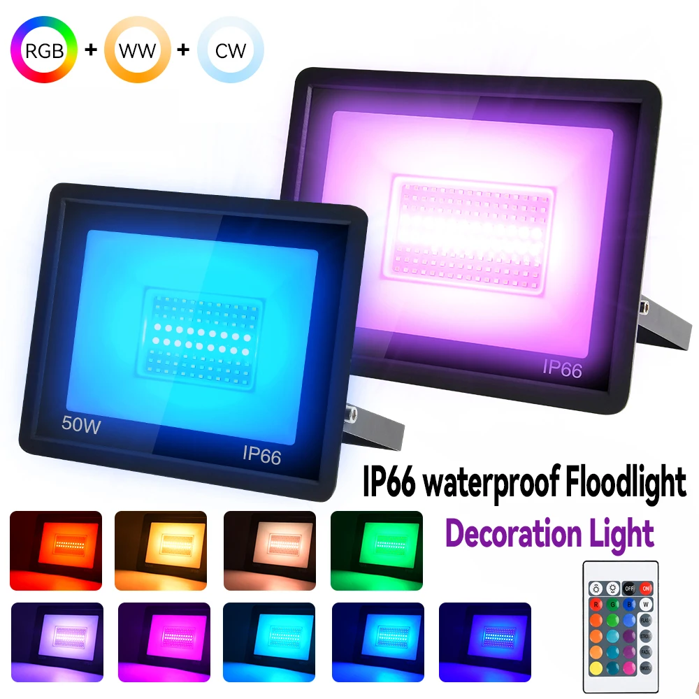 10W-200W RGB Floodlights Colorful Remote-Controlled LED Warm/White Outdoor & Indoor Projection Wall Fountain Decorative Lights