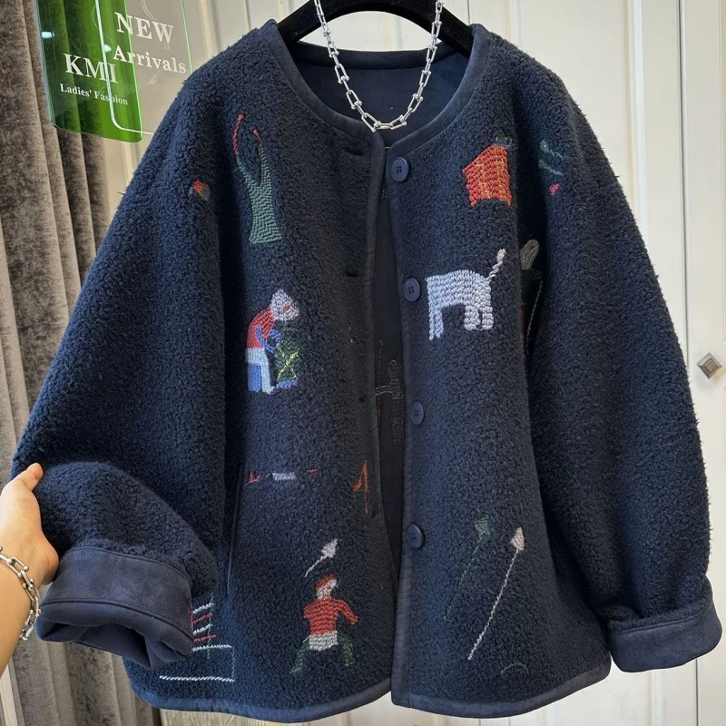 

Стильное нишевое пальто с вышивкой и мехом, цельное, шерстяное, для женщин, свободного кроя, средней длины, осенне-зимняя одежда