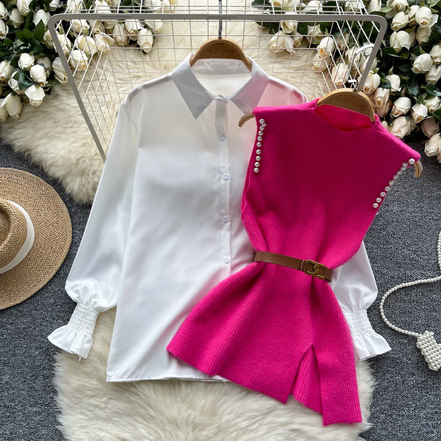 Retro loose Turn-down Collar split basics lool sleeve Blouse Slim with v neck knit Shirt Women summer sweet Top