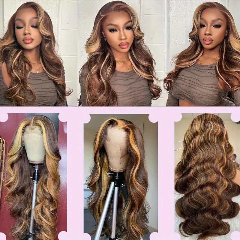 باروكة من شعر طبيعي أشقر عسلي 100% شعر بشري حقيقي أومبير تسليط الضوء على شعر مستعار أشقر عسلي-بدون صمغ قبل قطع مسبقًا 13x4 HD دانتيل #6