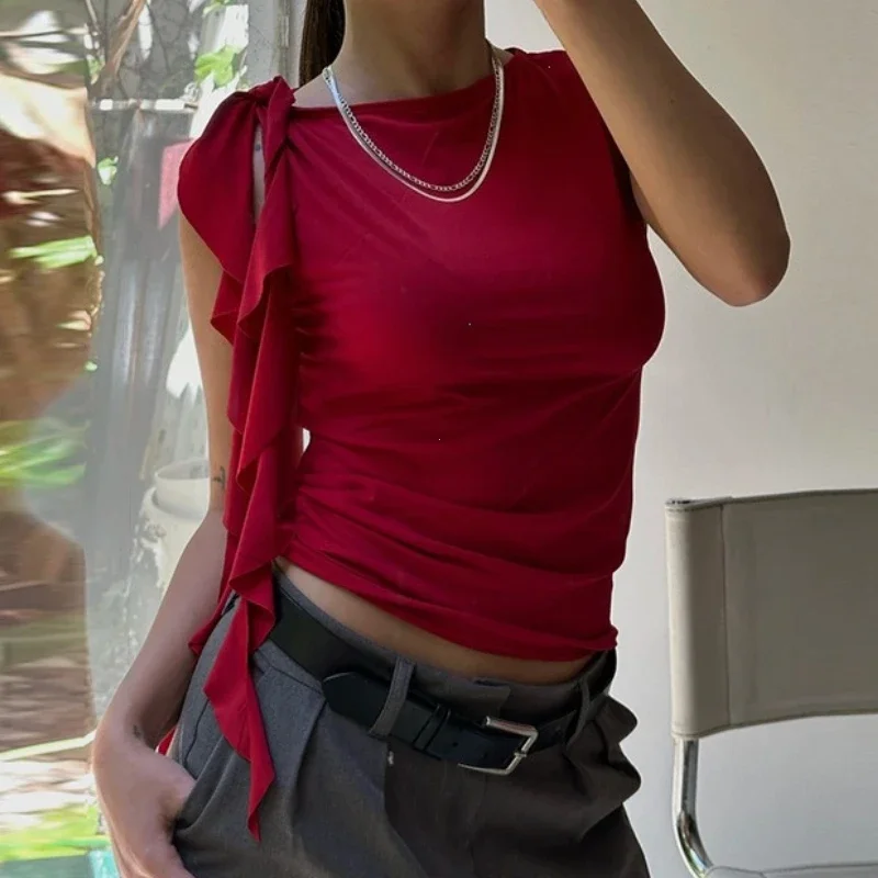 

Summer Women'S Solid Color Vest Fluttering Tassel Sleeveless Slim Pullover Round Neck T-Shirt Casual Street Wear Y2K