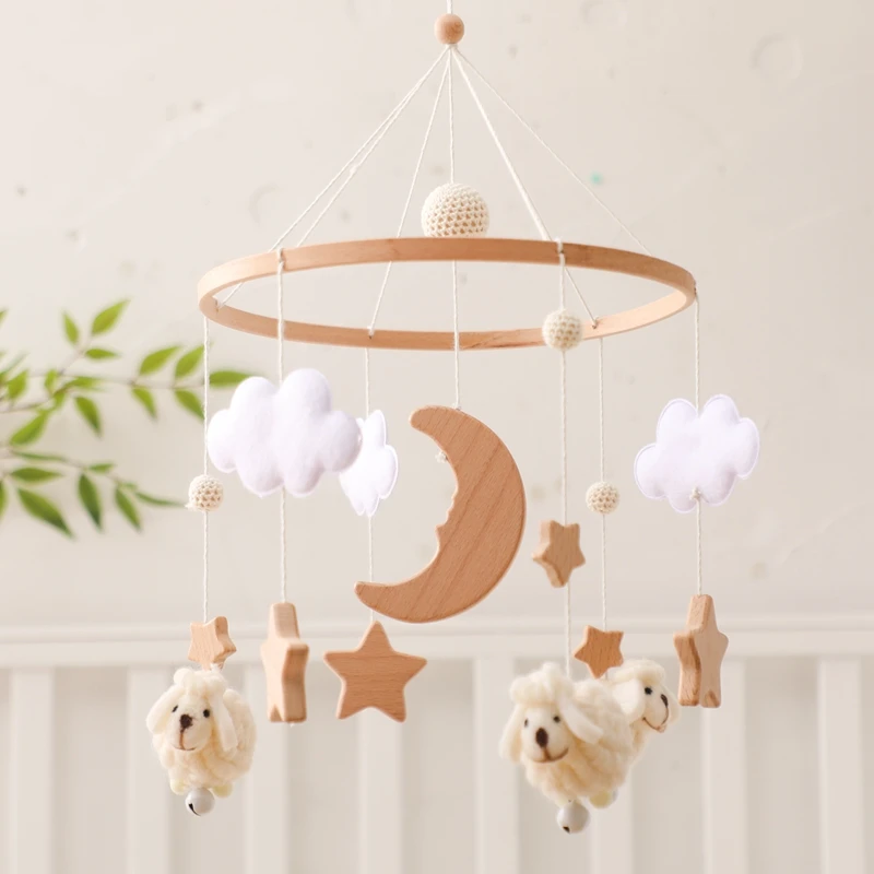 

Baby Bed Bell Rattles Toy Newborn Wooden Star Moon Soft Felt Cloud Sheep Crib Mobiles Hanging Toy Infant Boy Girls Toys Bed Bell