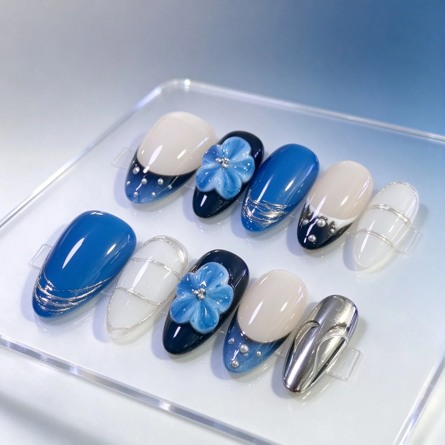 10pcs Blue Black Gradient Press On Nails 3D Blue Flower Pearl Silver Foil Decor Nude Fake Nail Short Almond Full Cover Nail Tips 3