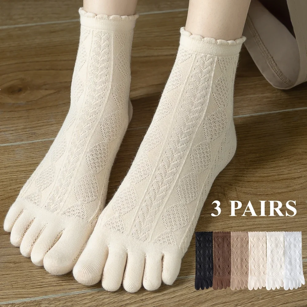 3 Pairs Summer Mesh Toe Socks Women Embroidered Floral Five Finger Socks High Quality Cotton Athletic Socks Ruffles