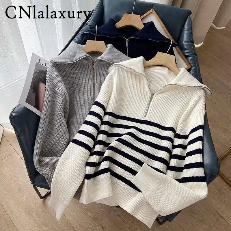 CNlalaxury Women Sweater 2023 Traf New Fashion Stripe Loose Knitting Sweaters Vintage Long Sleeve Asymmetry Female Pullover Tops