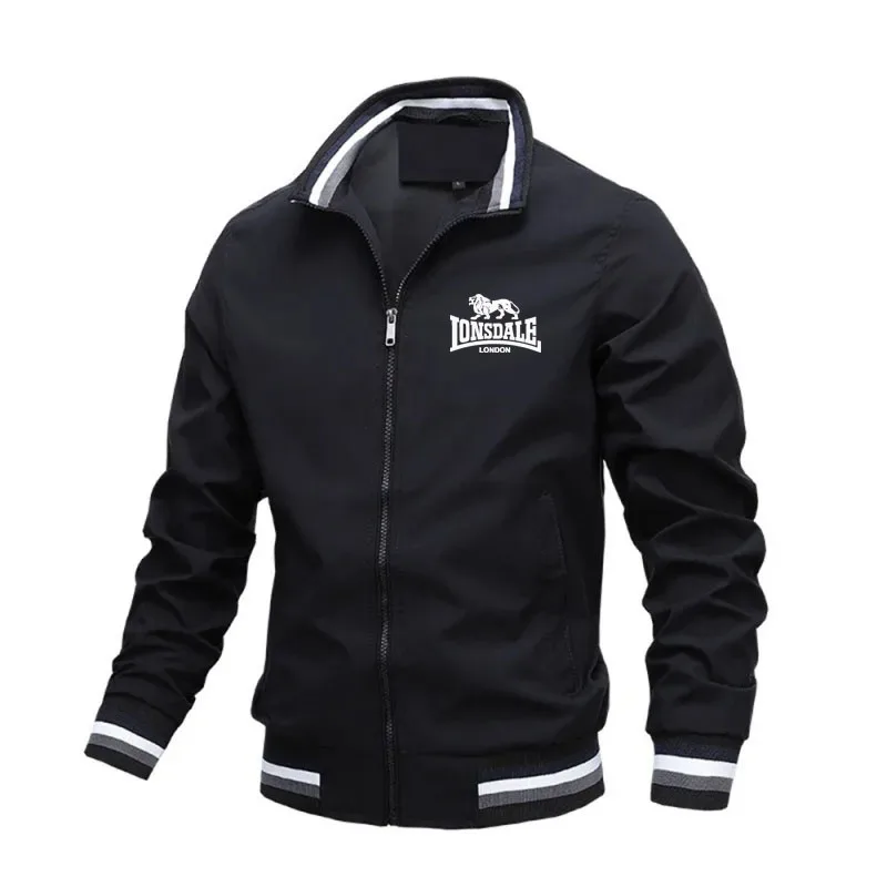 

Men's striped collar zipper-style casual streetwear coat with English printed pattern, size M - 4XL