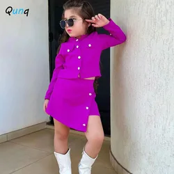 Qunq 2023 Autumn Girls Solid Single-breasted Long Sleeve Coat + Irregular Skirt 2 Pieces Set Sweet Casual Kids Clothes Age 3T-8T