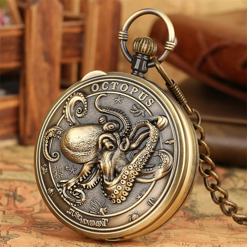 Antike Bronze-Taschenuhr mit Oktopus-Prägung und Quarzwerk, die das Lied „Castle in the Sky“ spielt – Detail 2