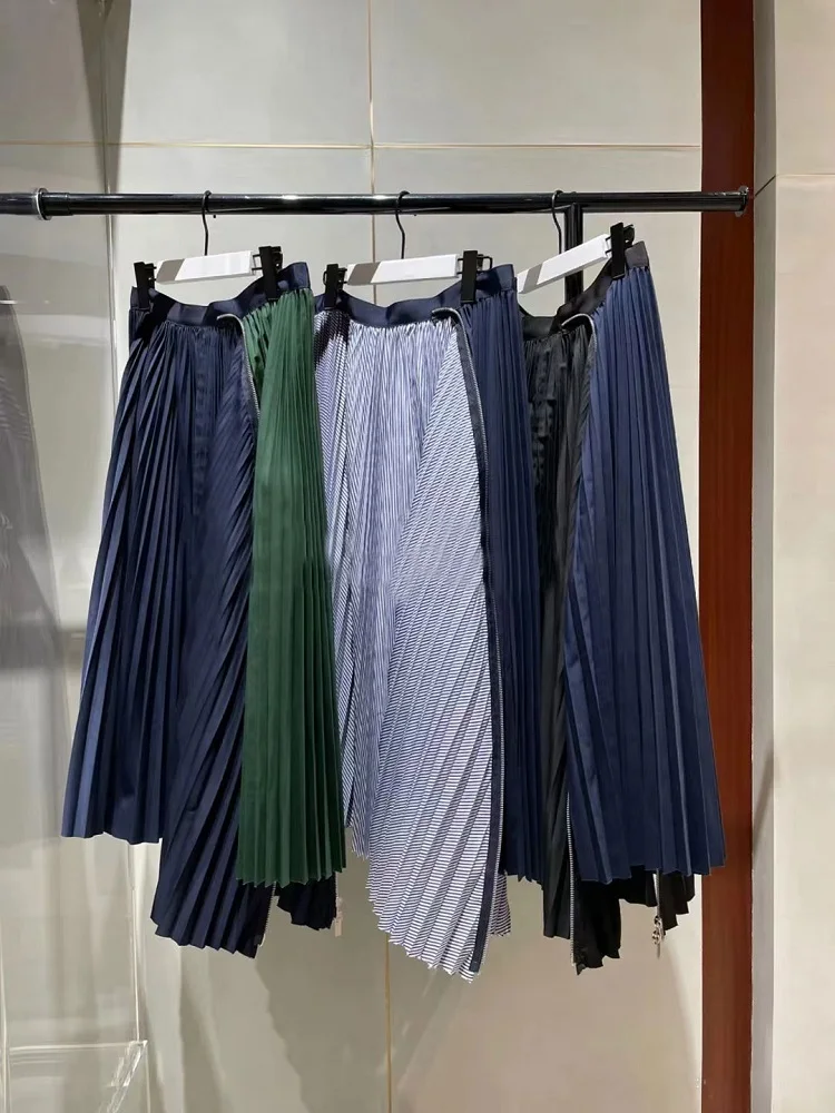 

FOG SACAI Spring Summer 2024 Casual High Waist Midi Skirt Patchwork Striped Zipper Design Pleated Polyester Cotton Blend Skirt
