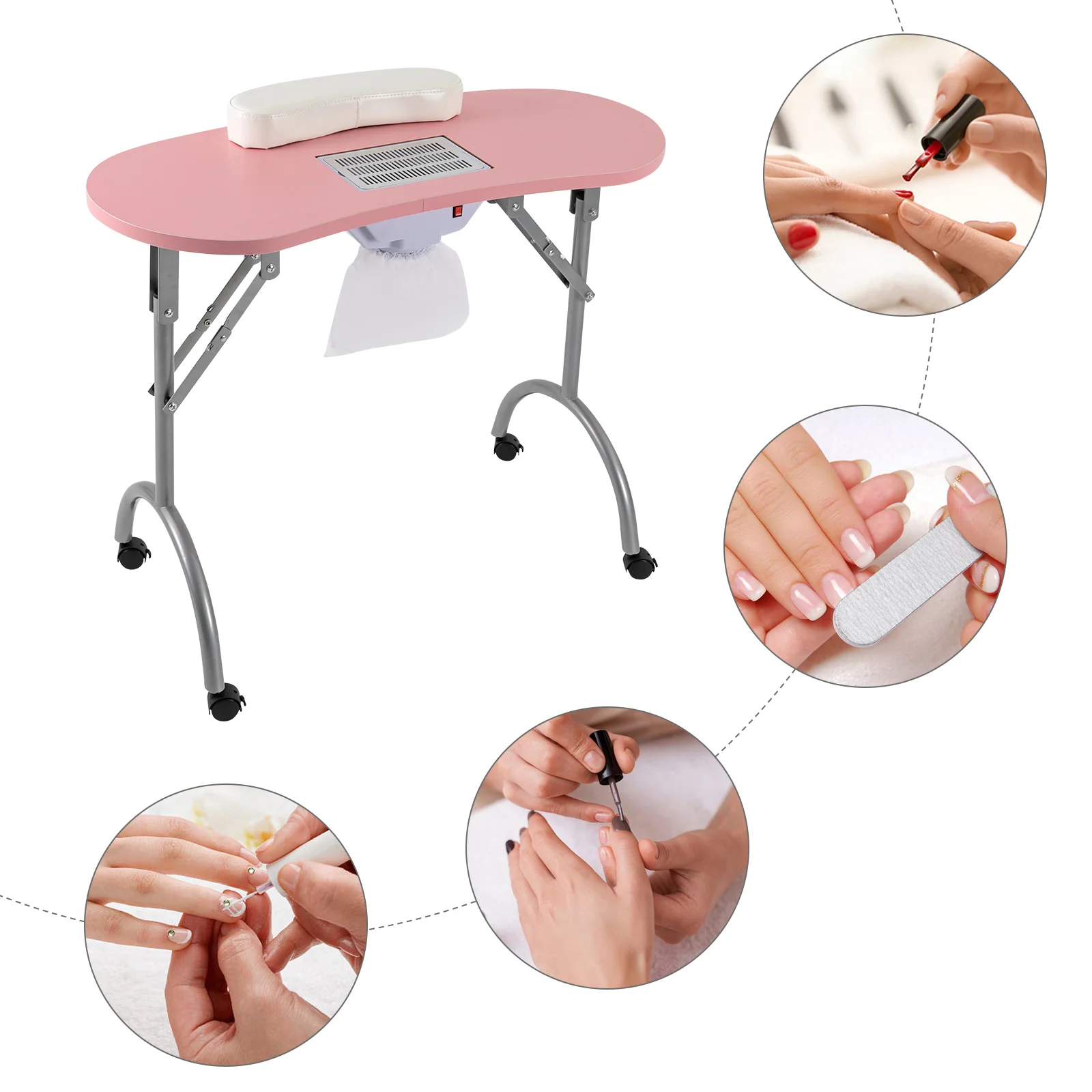 Table de Manucure Pliable avec Extraction de Poussière pour N64., Sac Poubelle et Coussretours de Poignet pour Salon de Manucure