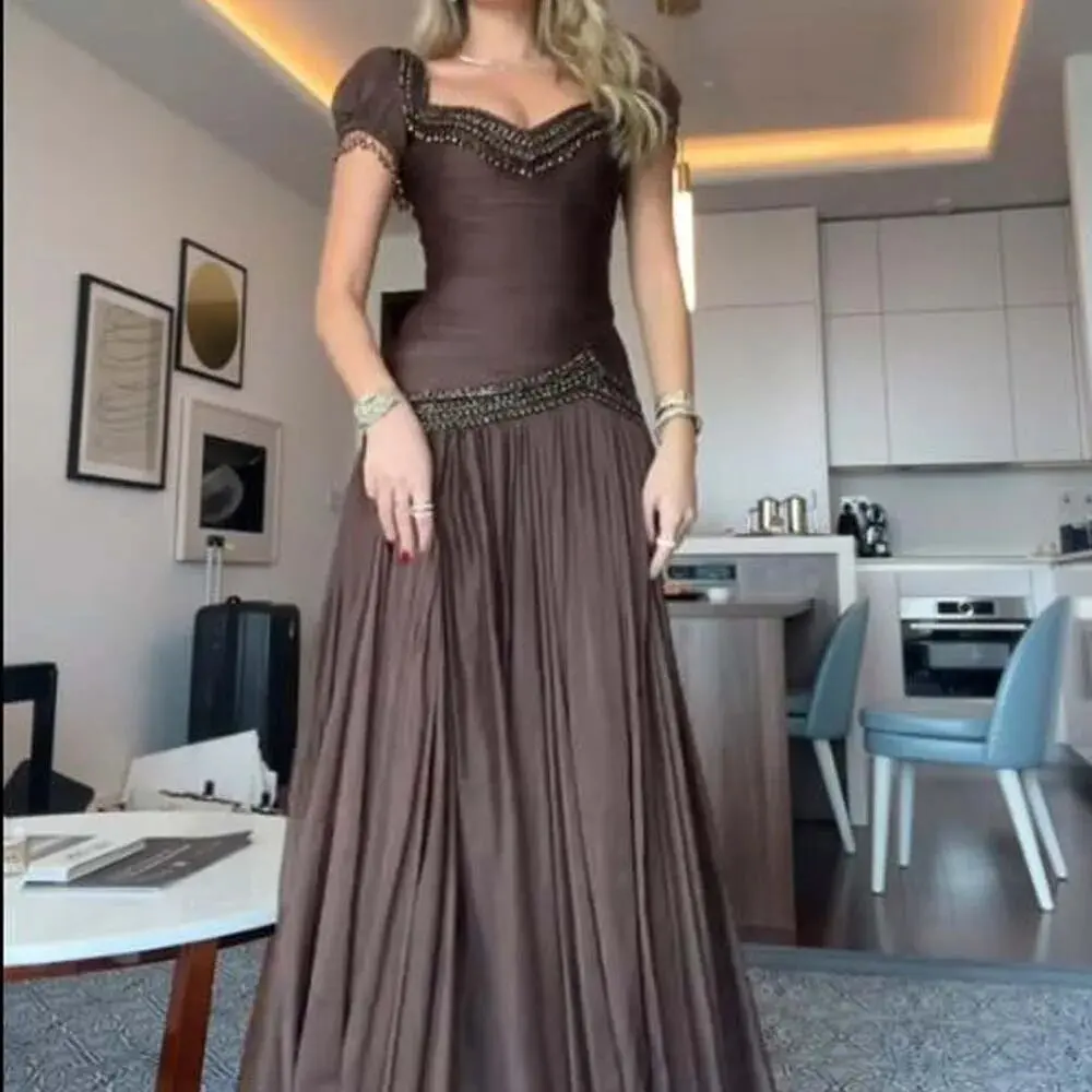 

Customized Drop Beaded Evening Dresses Cap Sleeve A Line Maxi Dress with Pleated Draped Long Semi Formal Occasion Gown