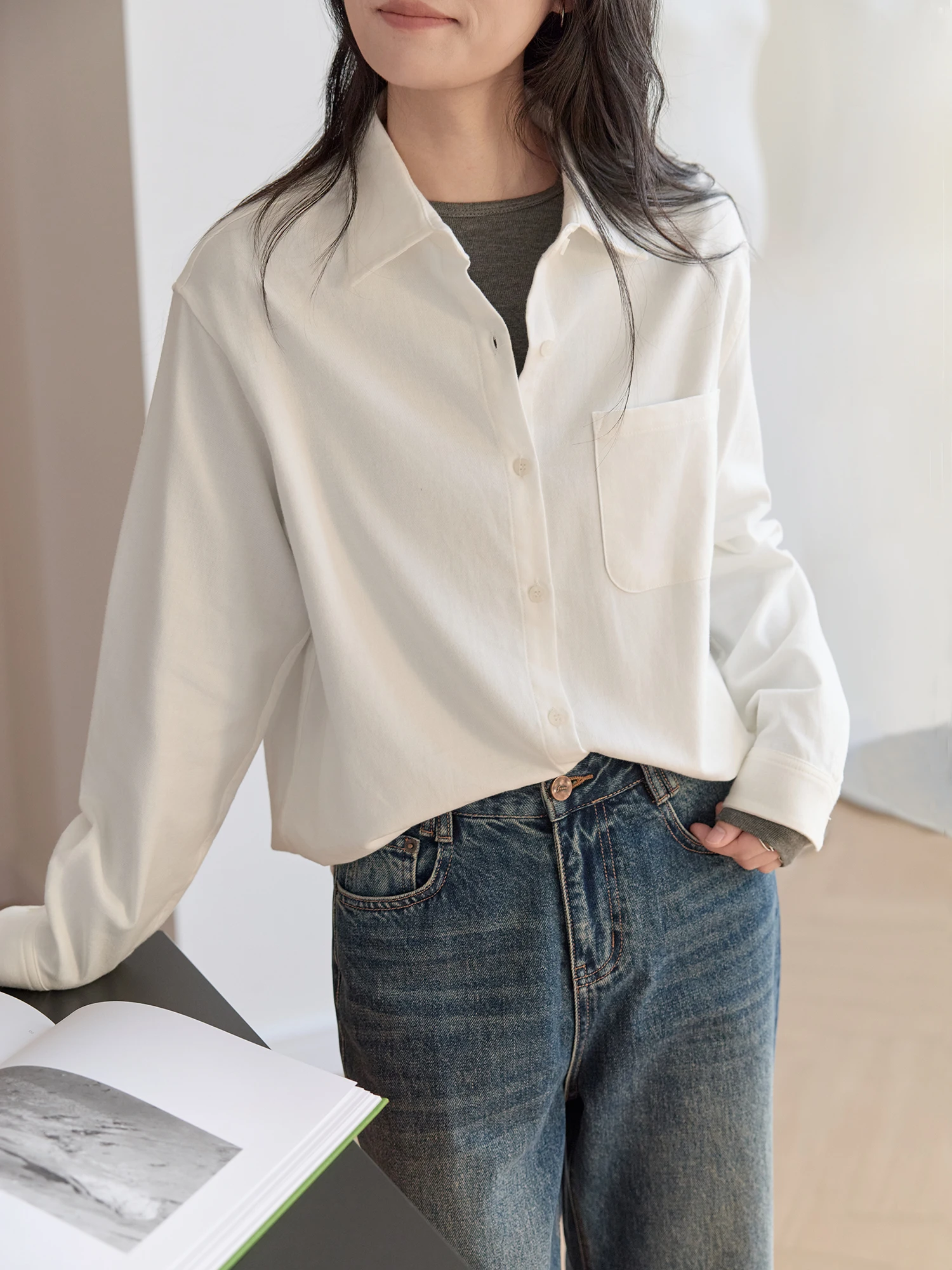 

Женская рубашка из чистого хлопка с воротником свободного кроя, белая, повседневная, осенне-зимняя, утепленная, с длинными рукавами, на пуговицах