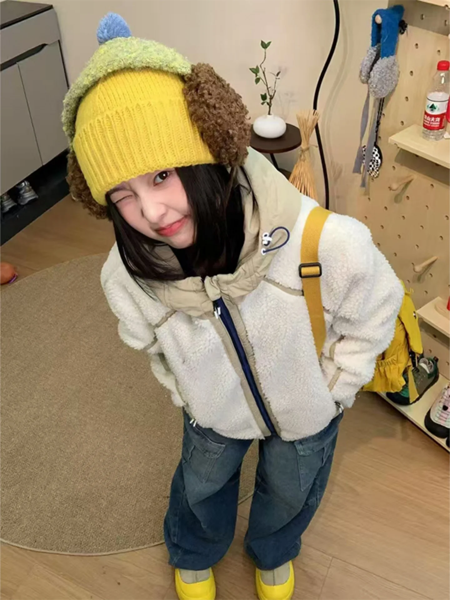 

Lamb Fur Lined Thiened Cotton Jaet for Men Winter Warm Zipper Hooded American Sle Splicing eep Velvet Coat Youth Faion