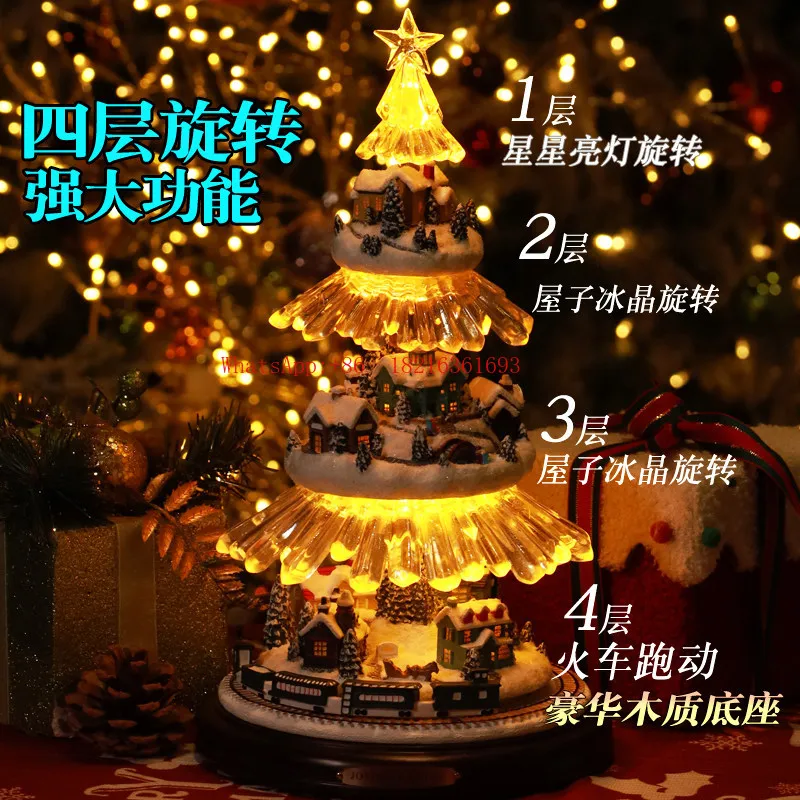NEW  Four-story Rotating Train Christmas Tree Wooden Music Box Birthday Gift