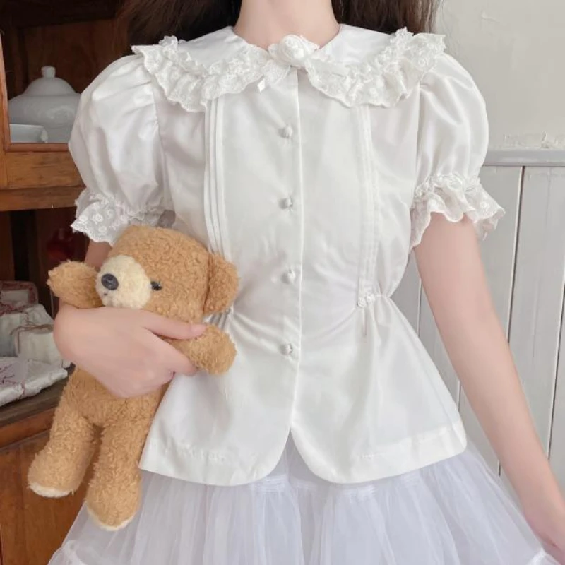 Victorian Kawaii Doll Collar Lolita Blouses Women Sweet Lace Ruffles Removable Sleeves Shirt Tops Girls Black White Gothic Mujer