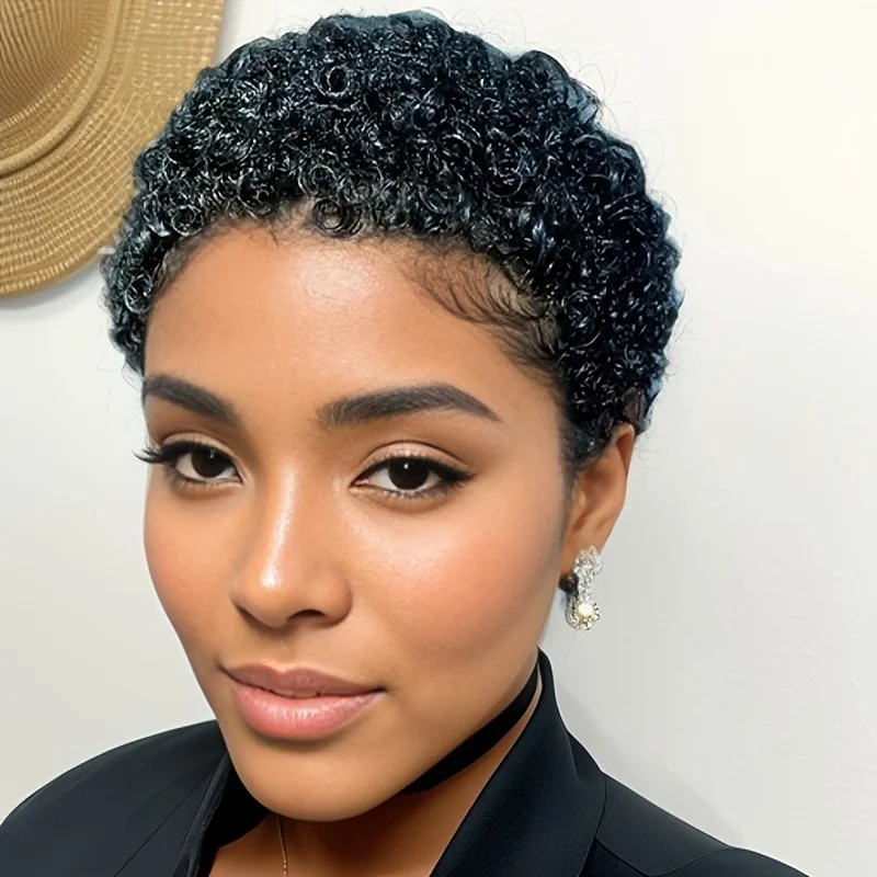 99J ショートカーリー人毛ウィッグ女性のためのフルマシンメイド変態カーリーウィッグ人毛