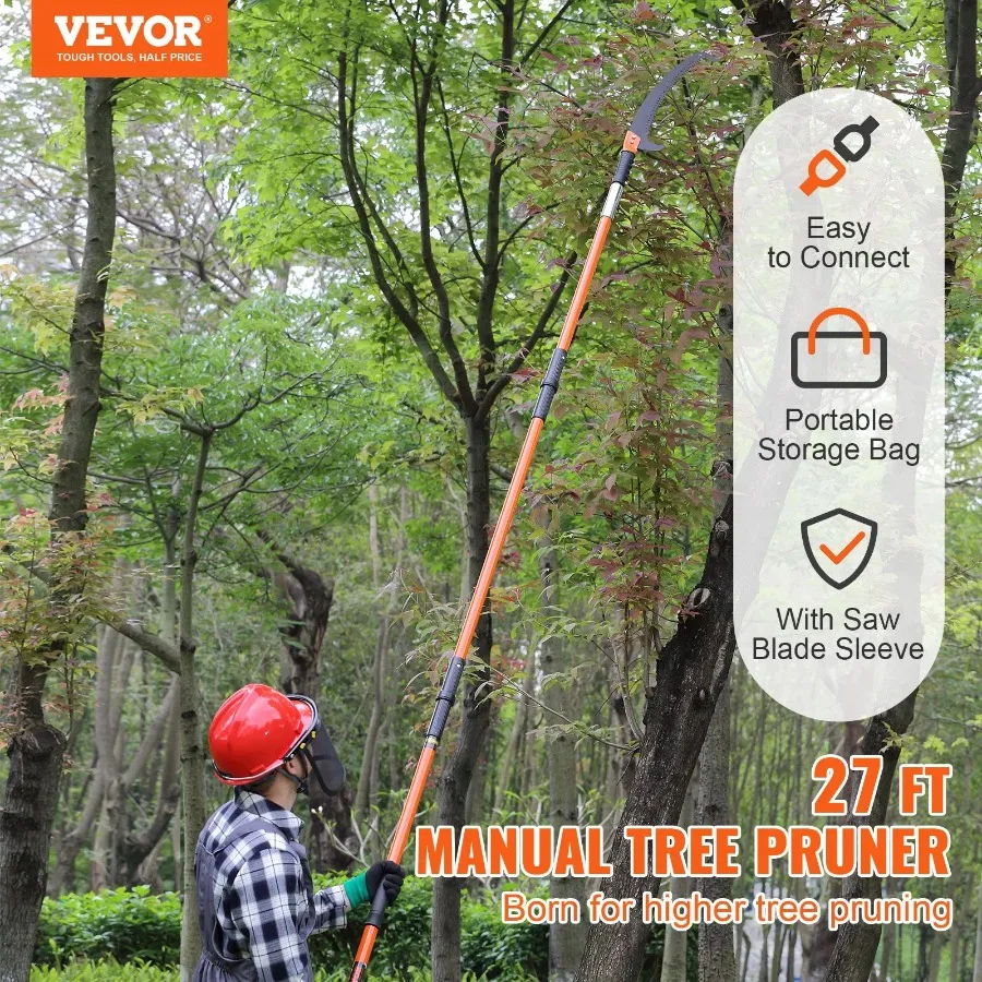 VEVOR Manual Pole Saw 7.3-27 ft Extendable Tree Pruner Sharp Steel Blade High Branches Trimming Manual Branch Trimmer with Ligh