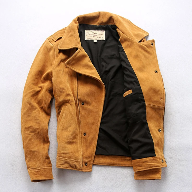 New trend individuation models motorcycle riding men large lapel diagonal zipper fashion casual suede yellow leather jacket tops