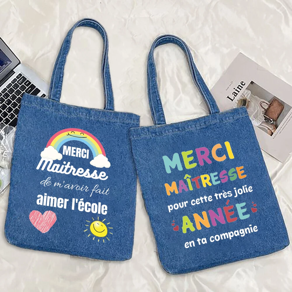 Thank You Teacher for Making Me Love School Printed Denim Shoulder Bag Teacher Life Shopping Bags Teacher's Day Gift for Teacher