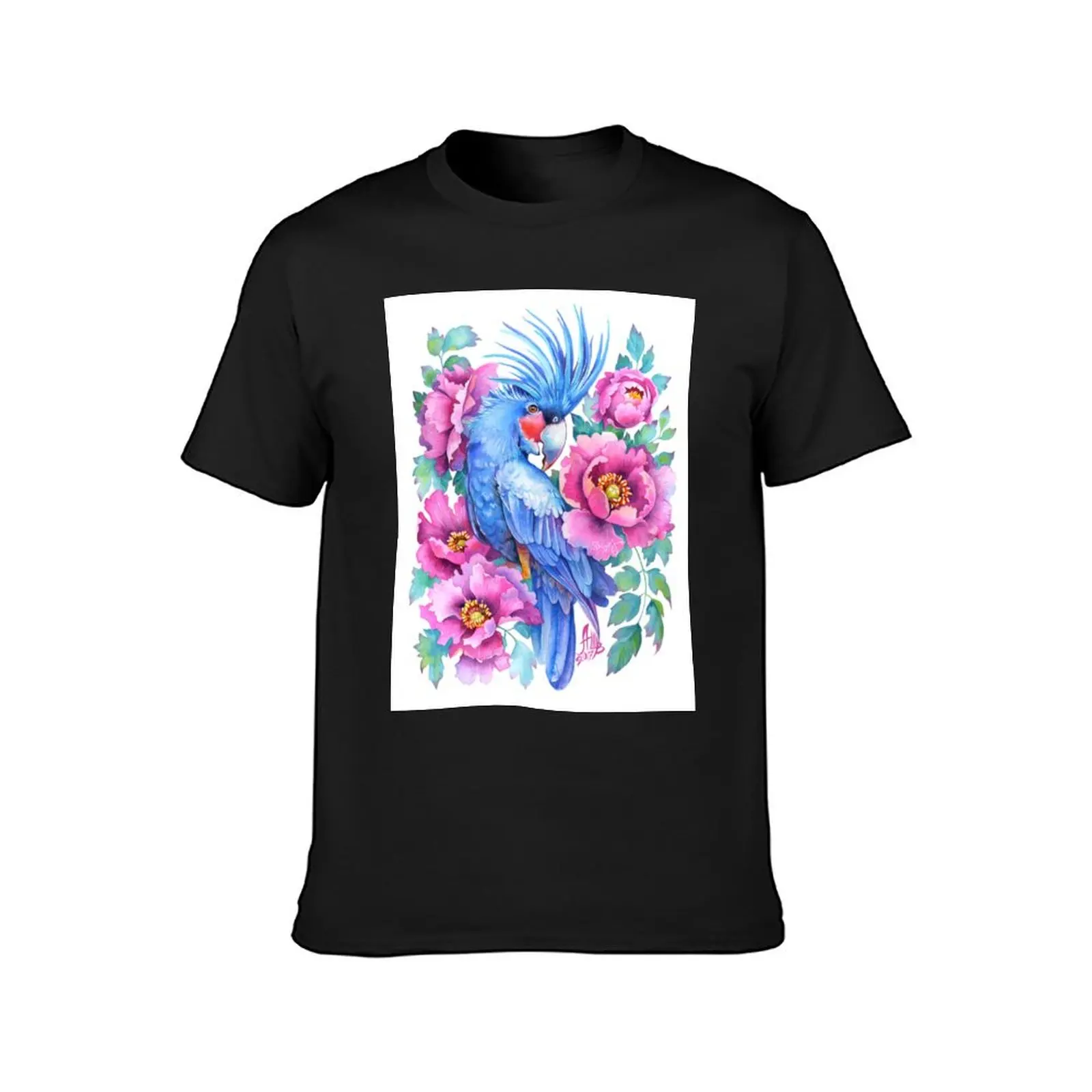 Blue Parrot & Peonies T-Shirt quick-drying summer top summer clothes plus sizes Men's clothing